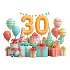 Thirty Years Celebration with Gifts Balloons and Party Decorations Isolated