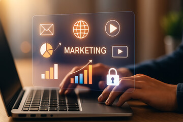 Futuristic marketing strategy illustration with person using laptop displaying virtual analytics graphs content and communication