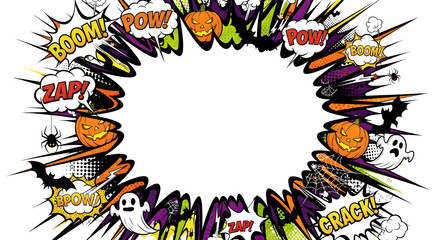 Halloween comic explosion frame isolated on white background, featuring pumpkins, ghosts, bats, and comic book style sound effects