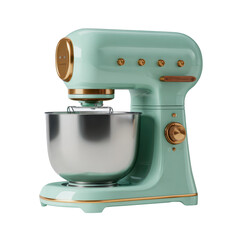 Elegant turquoise stand mixer with stainless steel bowl and gold accents