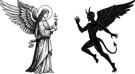 Fototapeta premium Angel and demon illustration, good versus evil contrast, detailed angel with wings and halo, dark demon silhouette