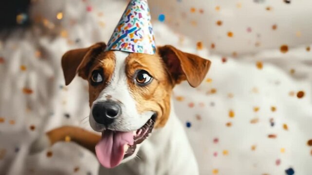 Happy dog wearing a party hat celebrating a birthday indoors with colorful confetti falling around in a festive atmosphere