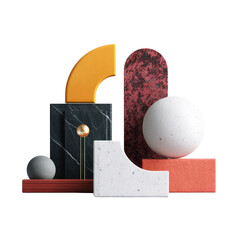 Abstract Geometric Composition with Spheres Arches and Cubes on transparent background