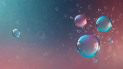 Obraz premium Colorful 3D Soap Bubbles Floating on Abstract Blue and Pink Gradient Background. Pastel pink-blue gradient with floating bubbles and soft bokeh. Abstract background