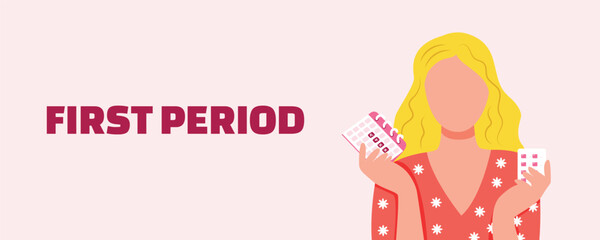 First menstrual period banner — teenage girl with menstrual calendar and painkillers. Puberty and women’s health awareness