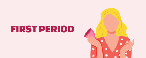 First menstrual period banner — teenage girl holding a menstrual cup. Puberty, women’s health, and gynecology concept