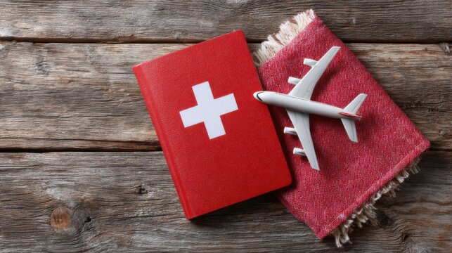 Travel essentials on a wooden table featuring a Swiss passport and a model airplane