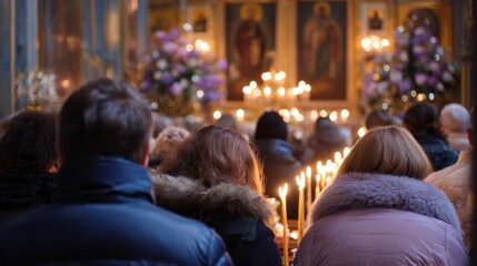 St Nicholas Day Church Interior with Candles and Winter Congregation