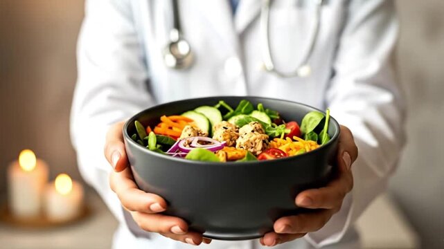 balanced diet and better quality of life, clinical nutrition and healthy diet, colorful bowl of fresh salad in the hands of a healthcare professional, concept of nutritious meal and disease prevention