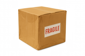 Cardboard delivery box with fragile label on transparent background, conveying shipping and handling theme