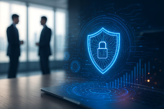 Laptop with glowing security shield hologram in business office background representing corporate cybersecurity and data protection