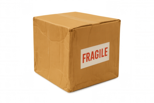 Cardboard delivery box with fragile label on transparent background, conveying shipping and handling theme