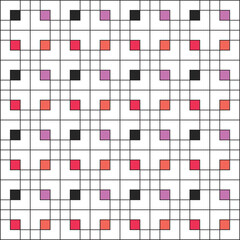 Grid of black squares on a white background, with small squares coloured in black, coral orange, red and pink