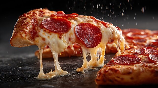 Delicious pepperoni pizza slice with melting cheese, a tempting close-up for food lovers.