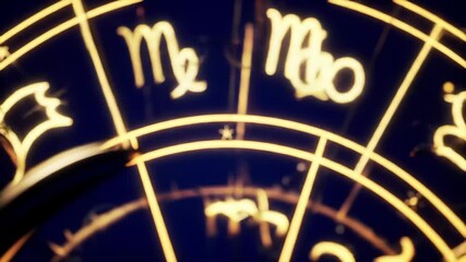Glowing zodiac wheel with symbols and lines on a dark background, ideal for fortune-telling, astrology, mystic content