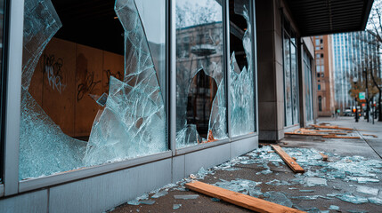 A business with broken windows after a break in, showing the aftermath of vandalism