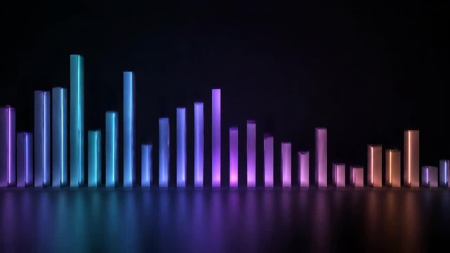 Glowing neon 3D audio equalizer visualizer spectrum bars with reflections on dark background