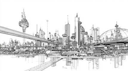 Fototapeta premium Black and white line drawing of a futuristic city skyline.