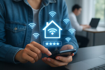 User operating smartphone with digital hologram of smart home and wireless signals showing high quality network performance rating