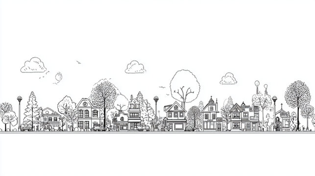 Hand drawn seamless panorama of a charming town street scene.