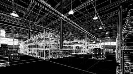 Fototapeta premium Digital wireframe visualization of a modern logistics warehouse interior.