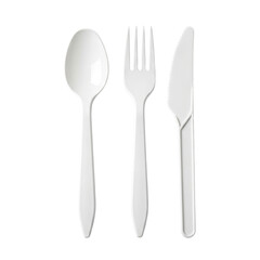 Disposable White Plastic Cutlery Set Spoon Fork and Knife Still Life Food Service Utensils on transparent background