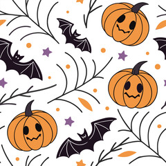 Halloween seamless pattern with pumpkins bats and stars  
