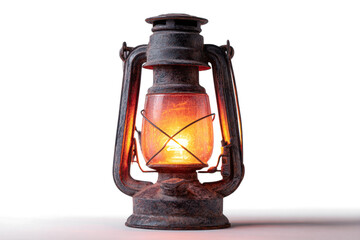 Antique kerosene lantern with glowing light vintage oil lamp for camping and emergency use isolated on white background