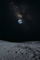 Earth seen from the moon, with a visible milky way galaxy in the night sky. Concept of space travel, exploration, and astronomy poster.