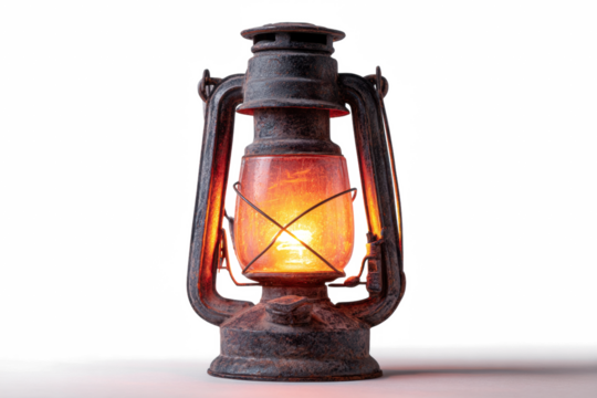 Antique kerosene lantern with glowing light vintage oil lamp for camping and emergency use isolated on white background