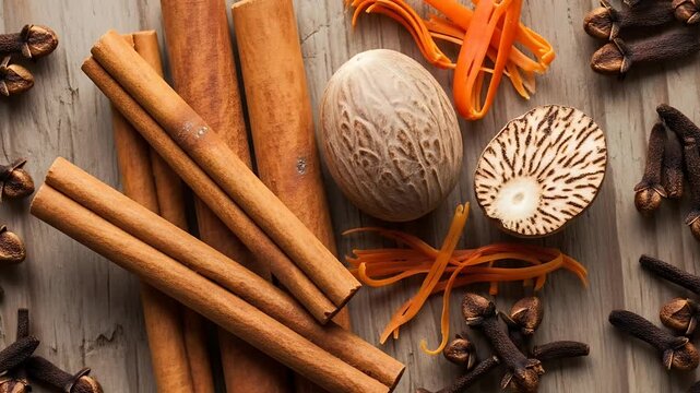 Aromatic Spice Collection : Cinnamon sticks nutmeg mace threads and cloves create a warm and inviting spice arrangement