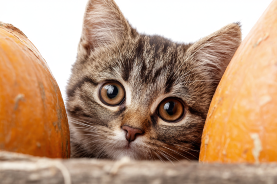 Curious tabby kitten peeks out between two orange pumpkins a cute pet portrait for autumn or Halloween themes