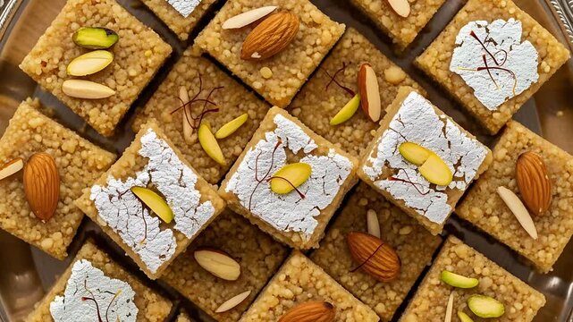 Traditional Indian sweets arranged on an ornate silver platter with marigolds and diyas creating a festive atmosphere
