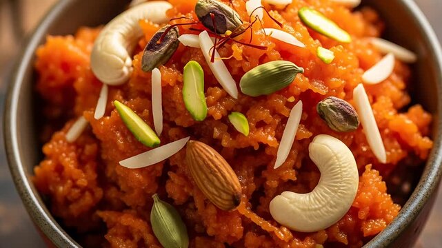 Delicious carrot halwa a traditional Indian dessert garnished with nuts and spices A sweet treat to savor and enjoy