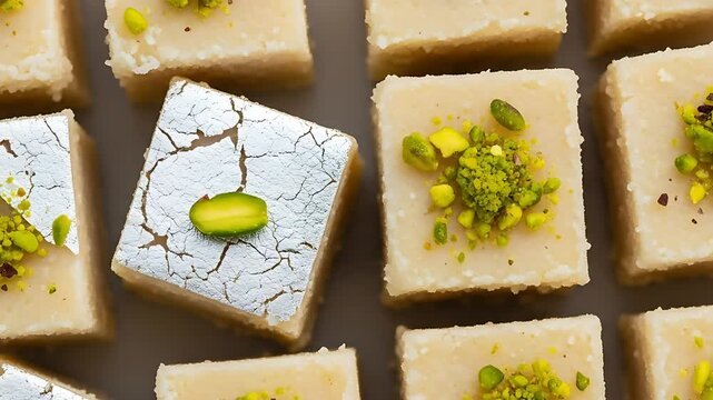 Delicious Indian dessert squares showcasing pistachio garnish and silver leaf A delectable treat of traditional sweets