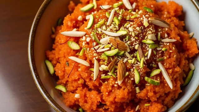 A vibrant bowl of Carrot Halwa a delicious and visually appealing Indian dessert Topped with nuts adding texture and flavor