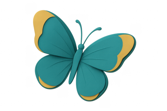 Teal yellow papercraft butterfly on transparent background