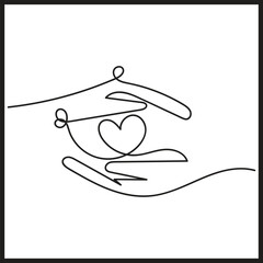 Continuous Line Drawing of Hands Cupping a Heart Symbol on White Background love care