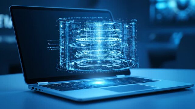 A laptop displaying a 3D holographic database structure in a dimly lit office environment
