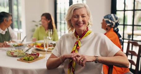 Face, friends and old woman with food, smile and social gathering with happiness. Mature people, home and reunion in living room, bonding together and talking with lunch, relax and retirement - Powered by Adobe