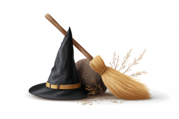 Witch hat and broom Halloween vector illustration isolated on a white background perfect for holiday designs