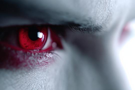 Close-up of a red eye intense gaze of a vampire or demon concept for horror and supernatural themes