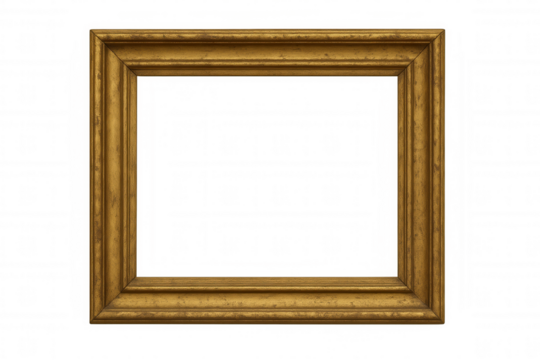 Empty antique gold picture frame with textured surface on transparent background, classic ornate border