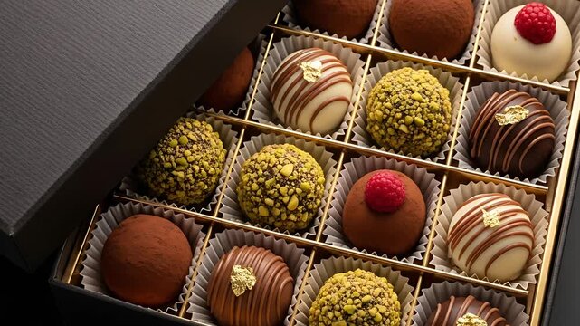 Indulge in luxury : A box of gourmet truffles featuring rich chocolate pistachio raspberry and delicate gold leaf accents Perfection !