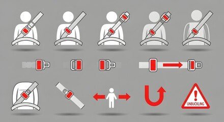 Modern Flat Design Vector Icon Set for Road Safety, Driver Awareness, and Public Health Guidelines, Featuring Seatbelt Fastening, Social Distance, and Caution Signals