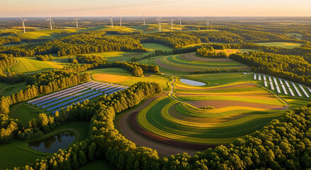 Aerial view of green fields and wind turbines at sunset  