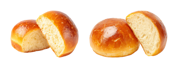 Golden baked brioche buns, split for freshness, showcasing fluffy texture and warm inviting colors, perfect for baking and culinary use. PNG set Transparent backround