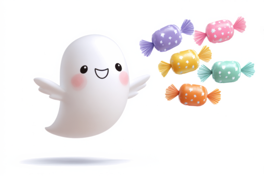 Cute cartoon ghost with colorful candies a sweet treat illustration for Halloween isolated on white background