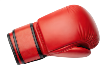 Red boxing glove on transparent background for sports enthusiasts. Boxing glove showcases durable construction and striking color, perfect for training or promotional materials.