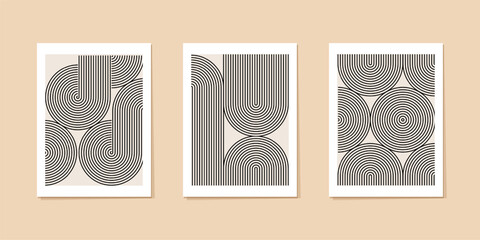 Concentric art deco print, line pattern japanese garden. Circle arch abstract endless line. Undulate music cover, curved shape oval, geometric orient modern decor poster. Retro grid, zen wave rainbow